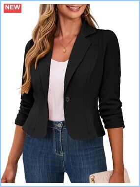Cropped Blazer 3/4 Ruched Sleeve Business Casual Women's Suit Jacket